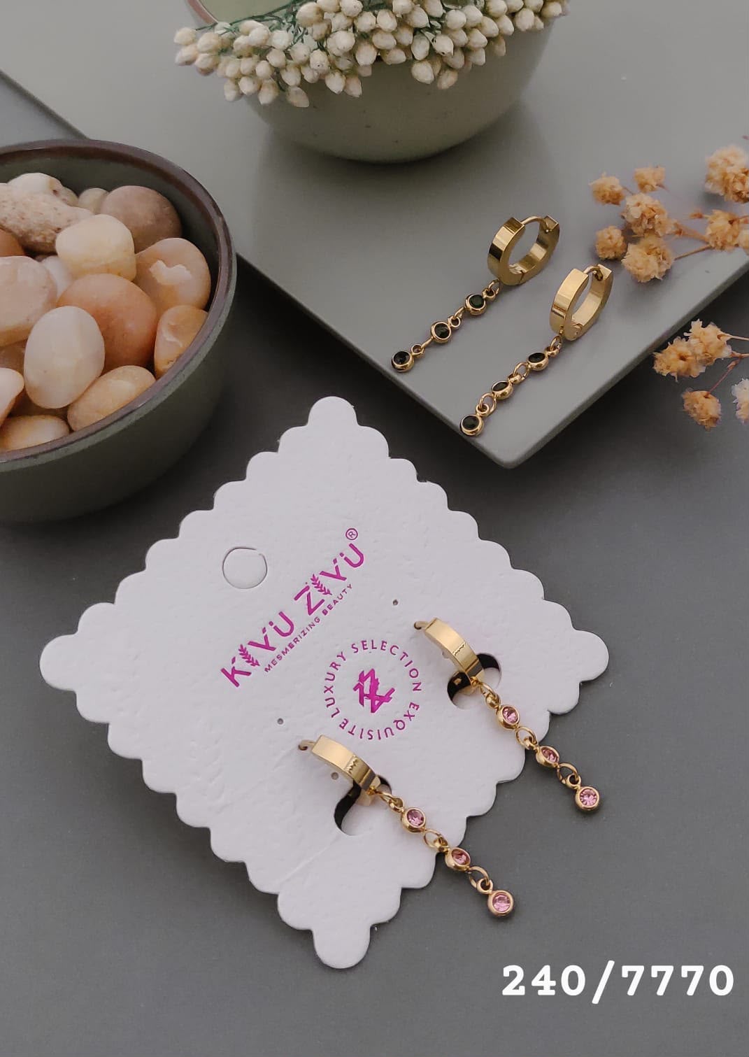 Gold-Tone Black & Pink Stone Chain Hoop Earrings – 240/7770