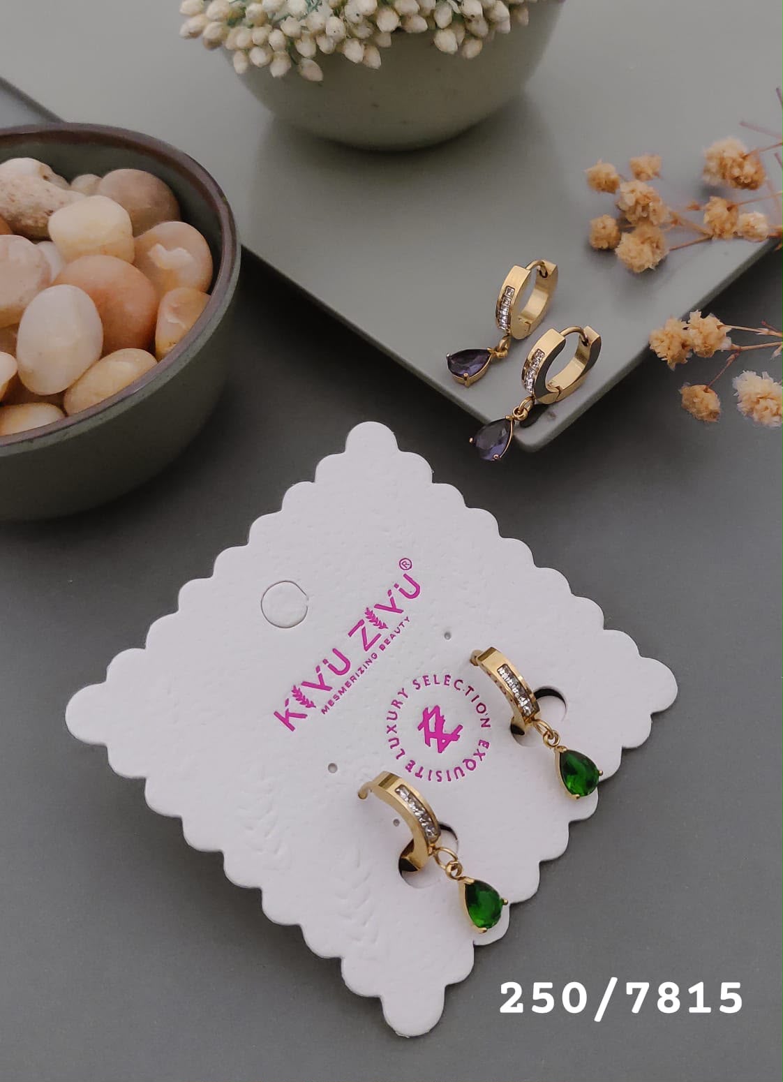 Gold-Tone Green & Purple Stone Drop Hoop Earrings – 250/7815