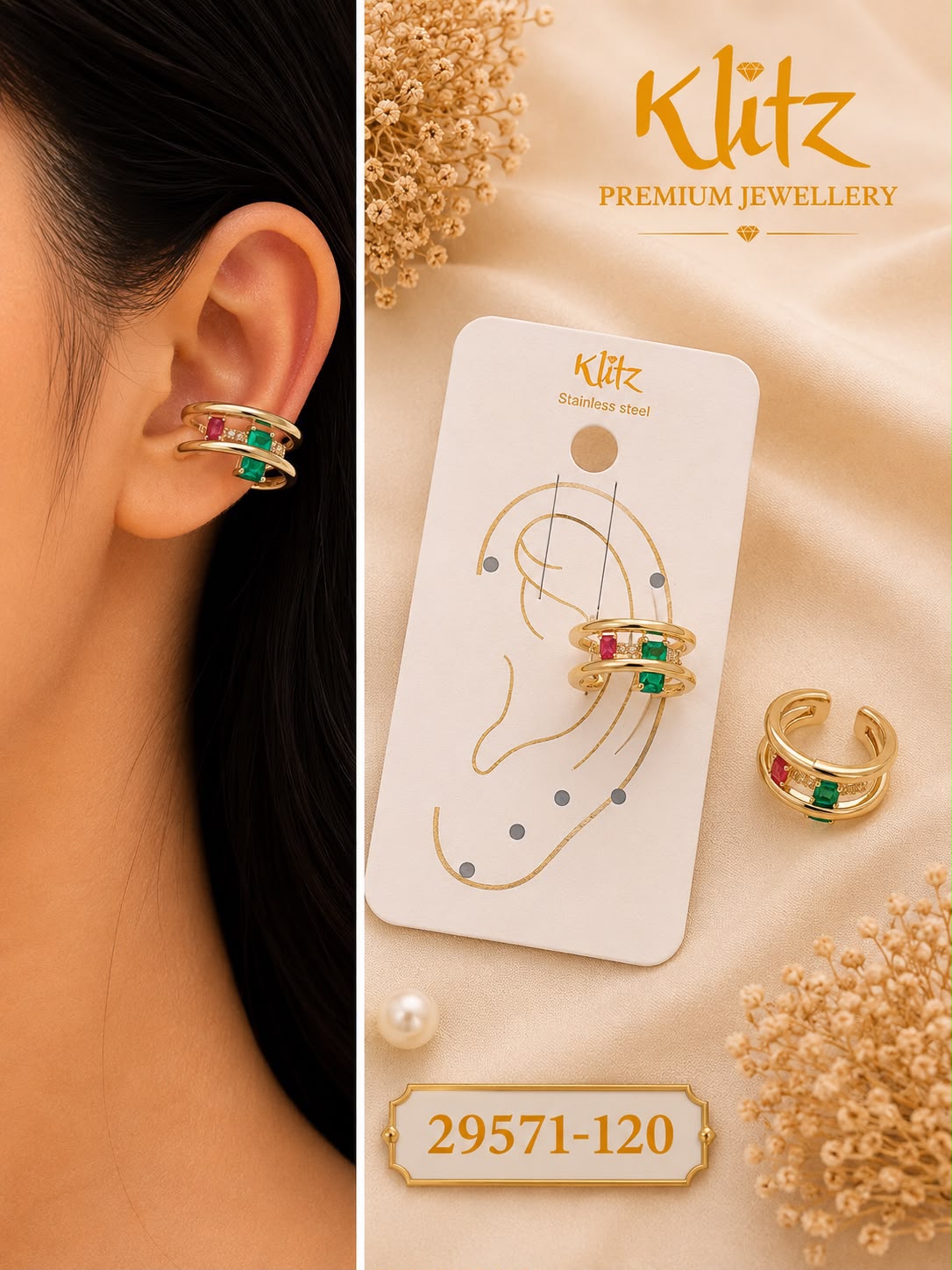 Luxury Gold Plated Ear Cuff with Cubic Zirconia | Anti Tarnish | Stainless Steel