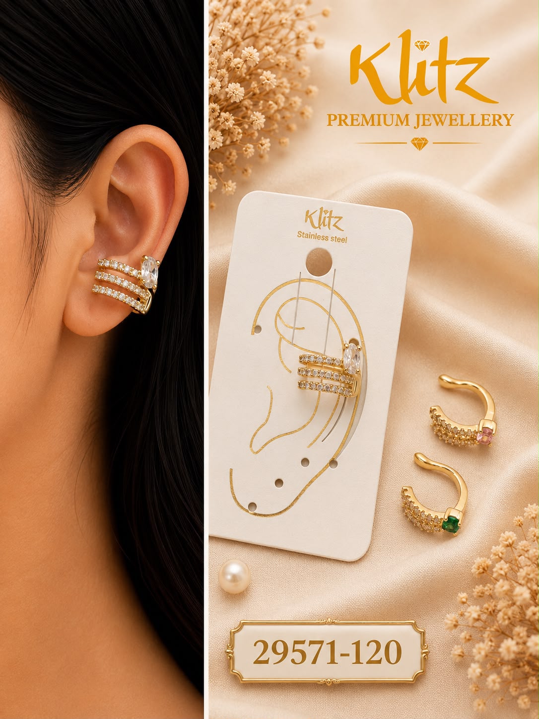 Luxury Gold Plated Ear Cuff with Cubic Zirconia | Anti Tarnish | Stainless Steel 2957120